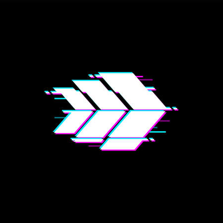 Way pointer arrow pointing right isolated ui game interface panel design element. Vector web navigation button, three arrows pointers on malfunction or distortion display glitch effect, digital noiseのイラスト素材