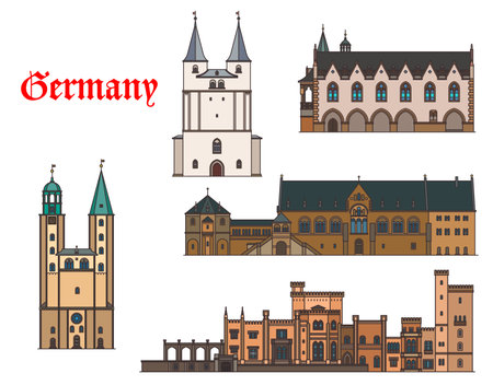 Germany architecture buildings of Potsdam and Goslar, travel vector landmarks. Babelsberg Schloss Palace in Potsdam, Marktkirche of St Cosmas and Damian and Kaiserpfalz Imperial Palace in Germanyのイラスト素材