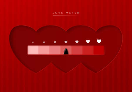 Love meter with hearts scale of horizontal linear gauge chart. Valentine Day vector card with progress indicator of love level with arrow and hearts on red background, romance and passion measuringのイラスト素材