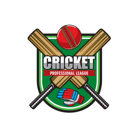 Cricket game icon with crossed bats and ball with glove over green field. Vector emblem of professional sport league, club, team or championship match. Isolated label design with sports equipmentのイラスト素材