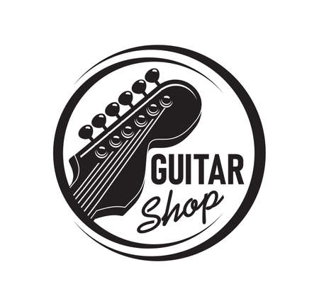 Guitar shop icon, acoustic musical guitar retro vector sign. Musician instruments store with rock or pop band and concert guitars as bass or telecaster fender for jazz or live music performanceのイラスト素材