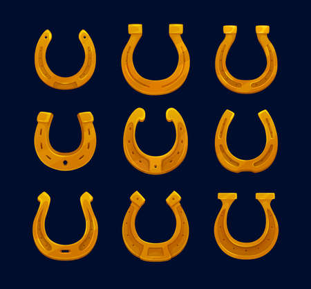 Cartoon golden horseshoes, vector symbols of good luck. Blacksmith horse shoe made of gold metal, lucky or fortune talisman of St Patricks Day Irish holiday, cowboy, Wild West western game interfaceのイラスト素材