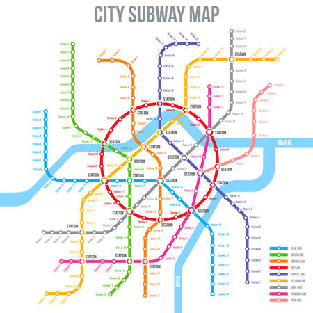 Subway, metro or underground map, city urban railway station lines, vector transport scheme. Subway or metro tube and railway train routes plan for public transport network map templateのイラスト素材