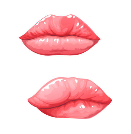 Edema or angioedema, medical swelling of lips, lipedema, disease of face or skin. Vector edema urticaria or lipedema of lips form allergenic drugs or virus infection and female hormonal reactionのイラスト素材