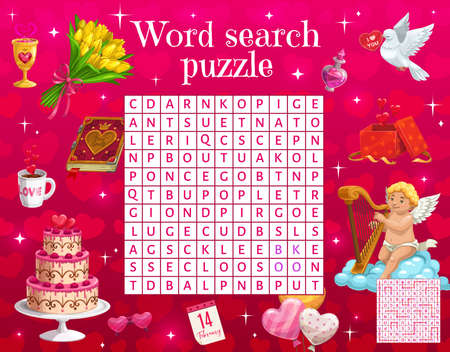 Wedding and Valentine Cupid, hearts, cake and magic potion, dove and flowers. Vector word search puzzle game worksheet or kids quiz grid template with educational task of find hidden wordsのイラスト素材