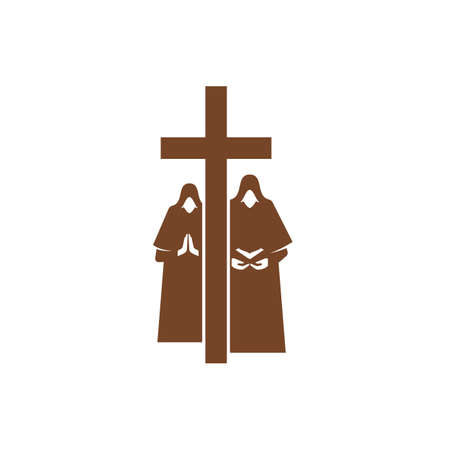 Christianity religion vector icon monks with Bible praying front of cross. Christian catholic crucifix and spirituals prayers brown symbol, faith and religious theme emblemのイラスト素材