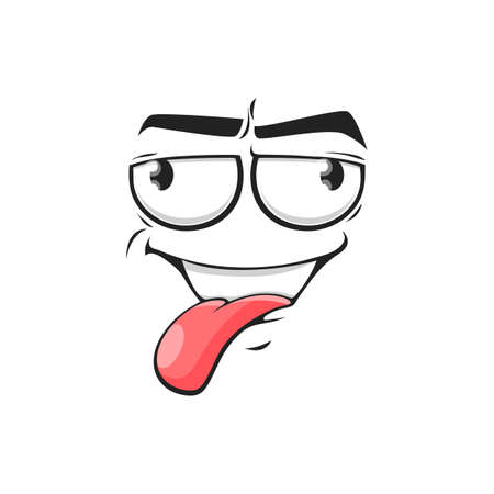 Cartoon face show pink tongue, vector teasing facial expression, funny emoji. Naughty comic character emotion fooling isolated on white backgroundのイラスト素材