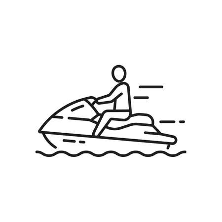 Man riding on water bike, scooter isolated outline icon. Vector summer voyage cruise transportation marine transport. High-speed jet ski, speed power water motorcycle bike, floating on sea wavesのイラスト素材