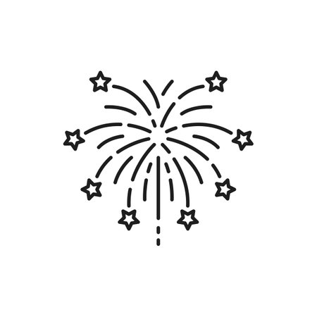 Fireworks decorative element in amusement park isolated outline icon. Vector carnival festive sparkles in sky, New Year and Christmas holiday decoration. Salute starburst at skyline, night showのイラスト素材