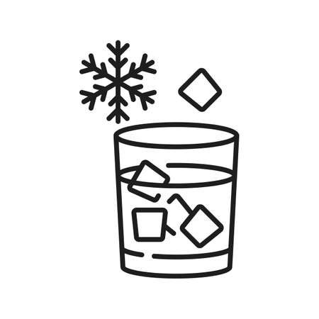 Summer refreshing drink, cold water in glass with ice cubes, snowflakes sign. Vector cocktail sign, froze liquid in fridge, beverage with ice cubes, juice or alcohol drink in cup, thin line outlineのイラスト素材