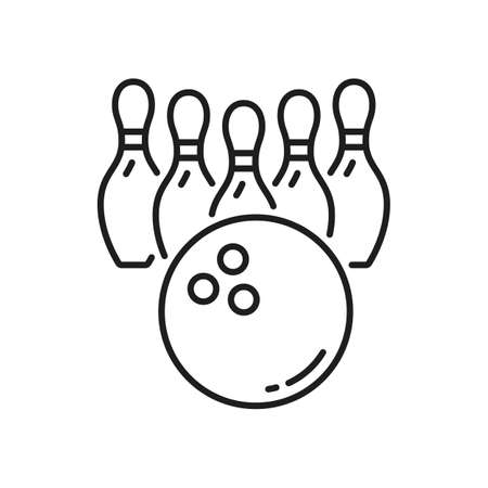 Bowling ball and pins isolated outline icon. Vector hobby entertainment sport activity thin line symbol, club team game, 5 pins and strike ball, leisure recreation, bowling playing equipmentのイラスト素材