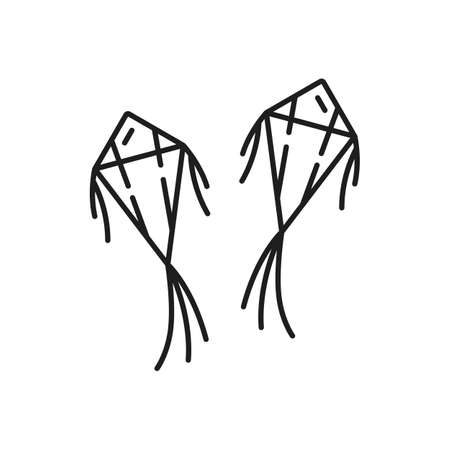 Two kites with strings isolated summer fest holiday symbol outline icon. Vector kitesurfing flying object, leisure sport activity entertainment in amusement park. Uttarayan festival symbol with tailのイラスト素材