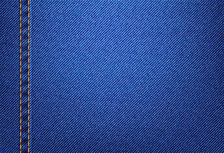 Jeans denim texture pattern background, vector blue apparel fabric closeup pattern. Cloth of jeans cotton or denim canvas material with yellow thread stitches on pants of jacket pocket, textileのイラスト素材