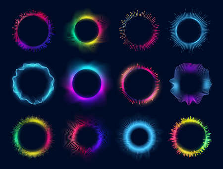 Neon circles of sound wave and audio equalizer, vector round glow of music and voice assistant. Voice recognition app soundwave signs, digital communication and soundwave virtual controlsのイラスト素材