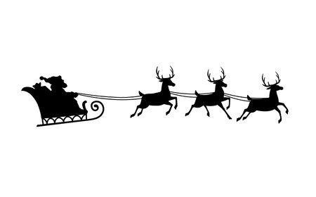 Christmas Santa sleigh silhouette with isolated vector black reindeers, Santa Claus and flying sledge, Xmas gift bag and present boxes. Merry Christmas and Happy winter holidays greeting cardのイラスト素材