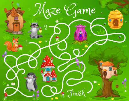 Kids labyrinth maze game with squirrel, raccoon and hedgehog, vector cartoon fairytale houses. Find a way out or escape labyrinth. Acorn, nest and flower, beehive and mushrom housesのイラスト素材