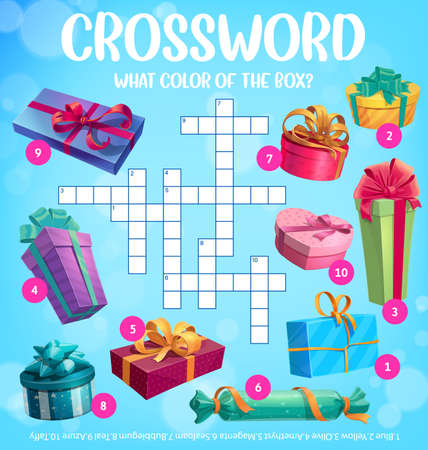 Holiday gifts and presents, crossword vector worksheet or find a word quiz game. Kids riddle guess what color of birthday, Christmas and love gift boxes with ribbons and wrappersのイラスト素材
