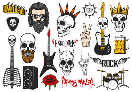 Rock and punk music icons set. Musical instruments, electric guitars and drums kit, human skulls with horns, beard and golden crown, beer tankard, guitar pick and rose flower, rock music fan vectorのイラスト素材