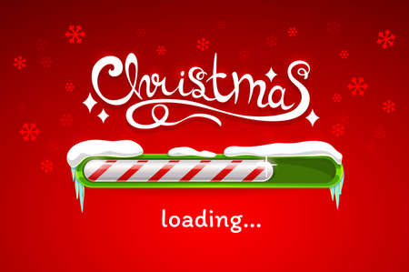 Christmas loading vector progress bar of Xmas candy cane covered with snow and icicles on red background with snowflakes. Realistic candy cane status bar of coming winter holidays, Christmas countdownのイラスト素材
