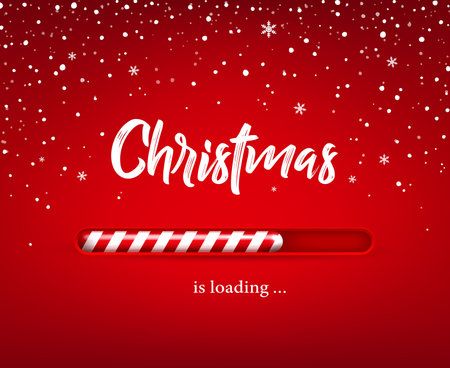 Christmas loading progress bar with realistic vector candy cane on red background with white snow...