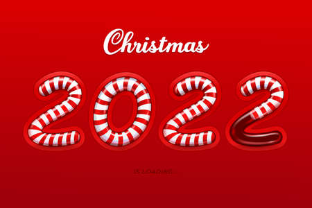 Christmas loading vector progress bar in shape of New Year 2022 numbers, filled with Xmas candy canes. Realistic numbers made of red white Christmas sweets, countdown status bar of coming Xmas holidayのイラスト素材