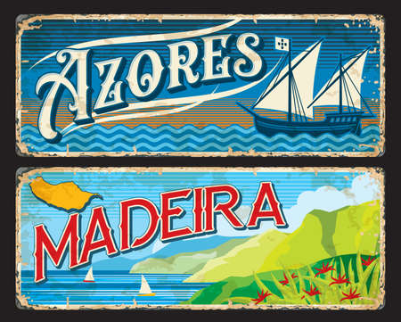 Azores and Madeira islands portuguese province plates and travel stickers, vector. Tin signs with districts of Portugal or metal plates with city tagline, flags and sea travel or tourism landmarksのイラスト素材