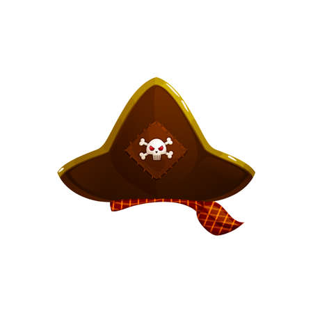 Pirate tricorn brown hat with jolly roger, corsair cap with broad poles isolated cartoon seafarer headdress. Vector caribbean captain headwear with skull and crossed bones, sailor cap nautical clothのイラスト素材