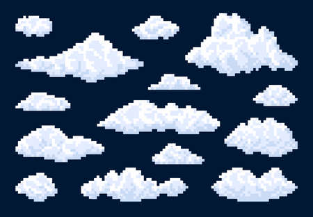 White isolated fluffy bubble pixel clouds in blue sky, vector 8bit pixel art game icons. Cartoon 8 bit space background with clouds landscape elements, cubic retro 2d game assetのイラスト素材