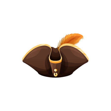 Pirate hat, caribbean captain headwear isolated sailor cap icon. Vector tricorn cocked hat, Halloween carnival head costume accessory, robber outfit with broad poles, seafarer headdress with feathersのイラスト素材