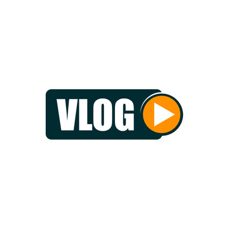 Vlog icon, tv broadcast, live stream, online video blog icon. Vector emblem with play button for social media event, virtual multimedia content, internet channel streaming. Isolated label for webinarのイラスト素材