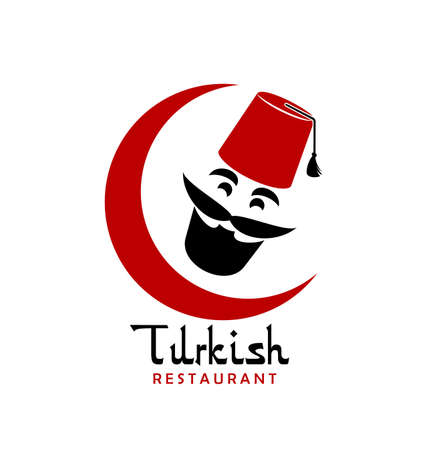 Turkish cuisine chef vector icon of grill food restaurant, cafe or bar. Face of Turkish cook man with black mustache and beard, red fez hat and crescent isolated symbol, emblem or iconのイラスト素材