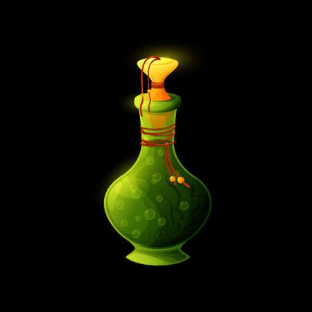Cartoon potion bottle with earth energy. Vector green magic elixir in glass flask with air bubbles inside and glowing bung. Witch poison, alchemy object for magic game isolated on black backgroundのイラスト素材