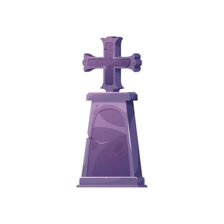 Tombstone with cross cartoon icon, grave stone isolated Halloween symbol. Vector cemetery and graveyard sign, headstone, burial tombstone with cross. Mystery cemetery and graveyard object, old tombのイラスト素材
