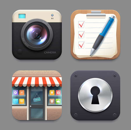 Camera, notepad, online shop and lock icons, vector mobile application buttons. Apps store or web shop, password security lock icon, photo or video camera and memo notes or organizerのイラスト素材