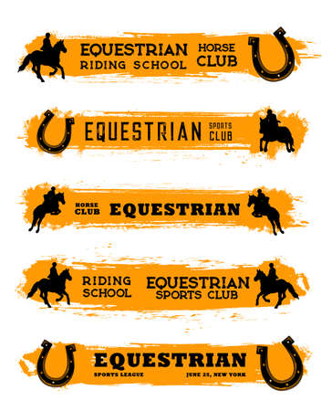 Equestrian sport club vector banners of horse riding and racing. Horseshoes, racehorses and jockeys, equine harness and horseback rider helmets, silhouettes of jumping horses and orange paint splashesのイラスト素材
