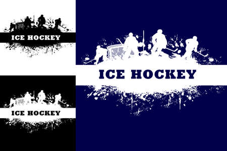 Ice hockey sport grunge posters with hockey players. Ice hockey championship, tournament or competition match grunge vector background or backdrop with forward, goalie players and paint splattersのイラスト素材