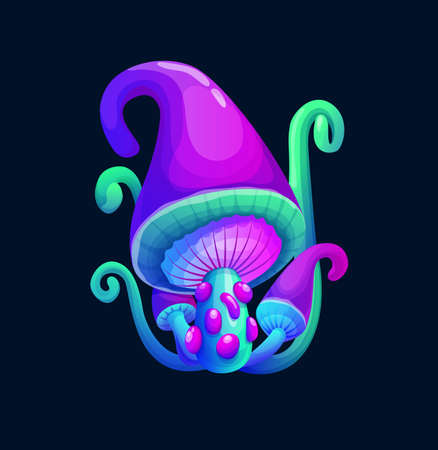 Fantasy magic purple and green mushroom. Vector alien fungus with pimpled stipe, curve cap peak and curly outgrowths. Unusual natural fairy tale or game asset, isolated cartoon crazy glowing plantのイラスト素材