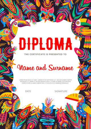 Kids diploma with cartoon mexican toucans and feathers vector frame border. Education achievement certificate, school graduation diploma, winner award or appreciation gift with bright Mexico ornamentのイラスト素材