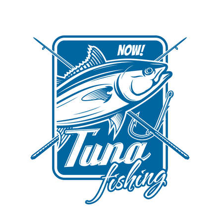 Tuna fishing vector icon with crossed rods, fish and hook. Isolated blue symbol of fisherman club or fishing sport competition tournament with Atlantic bluefin, skipjack or yellowfin tuna fishのイラスト素材