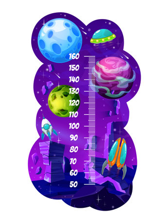 Kids height chart with cartoon space planets. Growth measure meter vector wall sticker with spaceship, rocket or shuttle, stars, meteors, UFO flying saucer and centimeter ruler scaleのイラスト素材