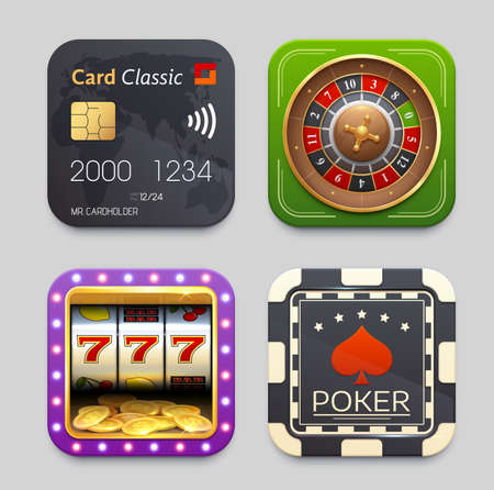 Online payment, poker chip, fortune wheel and slot machine icons, vector mobile app buttons. Online casino and banking or NFC pay or digital wallet application, slot machine and poker game rouletteのイラスト素材