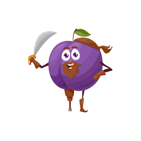 Purple plum isolated fruit cartoon character superhero pirate buccaneer with sword on one leg. Vector summer fruit, vegetarian organic food, healthy dessert kids superfood corsair with beardのイラスト素材
