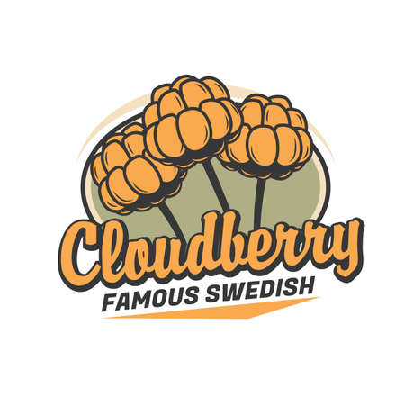 Cloudberry vector icon with ripe yellow fruits of nordic berries and flowering plant stems. Fresh garden food of organic farm isolated round badge with cloudberry, knotberry, aqpik or salmonberryのイラスト素材