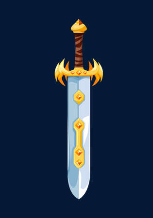 Magical cartoon dwarf broadsword blade or dagger of Medieval warrior, vector icon. Knight sword or fairy tale knife blade weapon with golden ornament on hilt, magic cleaver or saberのイラスト素材