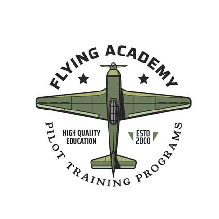 Flying academy icon with army vintage airplane. Pilot school retro emblem, historical aircraft flight club training center program vector icon with military old propeller airplane, combat fighterのイラスト素材