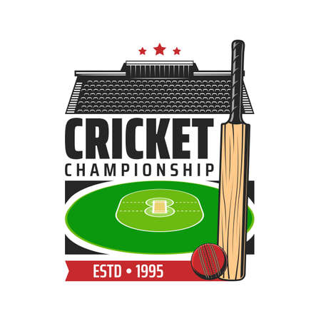 Cricket sport vector icon with game player bat, ball, stadium play field and grandstand seats, green infield and pitch area. Cricket championship league match isolated symbol or iconのイラスト素材