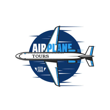 Aviation icon with vector plane or airplane of aircraft and air transport design. Passenger airline or cargo plane, airplane, jetliner or jet airliner with white and blue wings, tail and fuselageのイラスト素材