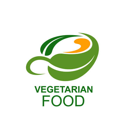 Vegetarian food icon, green organic cuisine and vegan store vector symbol. Vegetarian cuisine restaurant menu icon of green leaf, organic natural food store or farm market signのイラスト素材