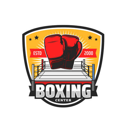 Boxing sport icon, kickboxing or MMA fighting club vector symbol. Boxing gloves on ring with victory stars and ribbon, box or Muay Thai wrestling sport and martial arts training center signのイラスト素材