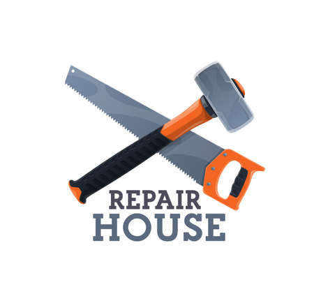 Construction tools shop icon with crossed sledgehammer and hand saw. House repair and renovation, carpentry and woodworking handicraft equipment store cartoon vector symbol, icon with hand toolsのイラスト素材